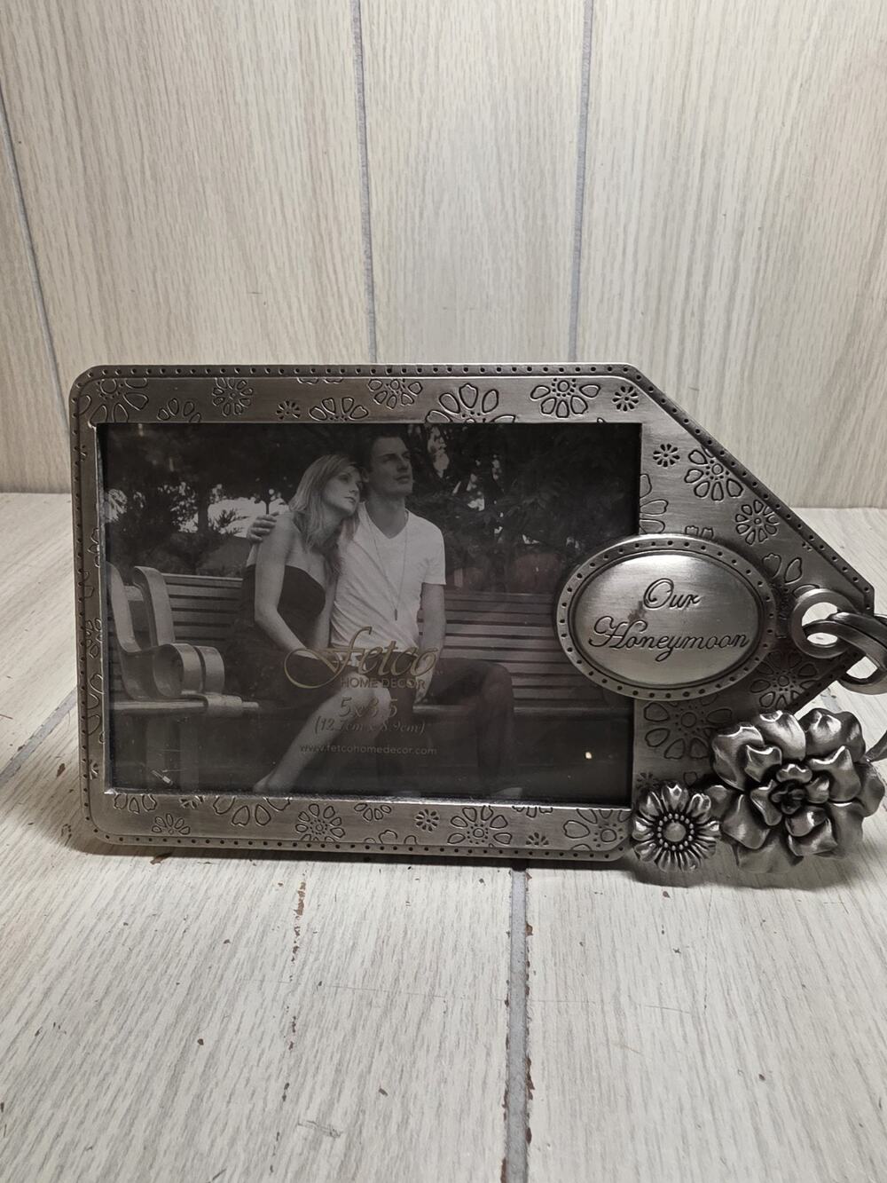 Fetco Frame "Our Honeymoon" Chrome Finish 5X3.5 Photo Newlyweds Wedding Pewter